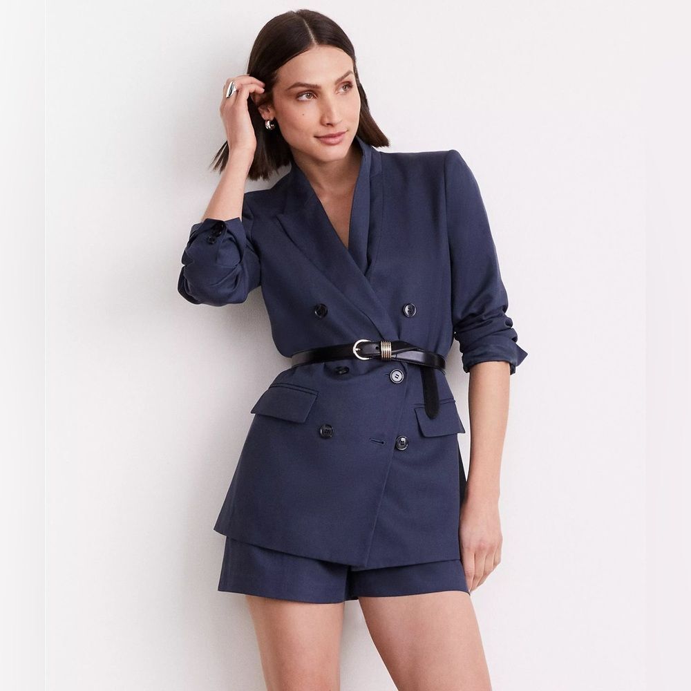 LOFT Versa Pure Spun Linen-Blend Double Breasted Blazer in Navy Blue SZ 2